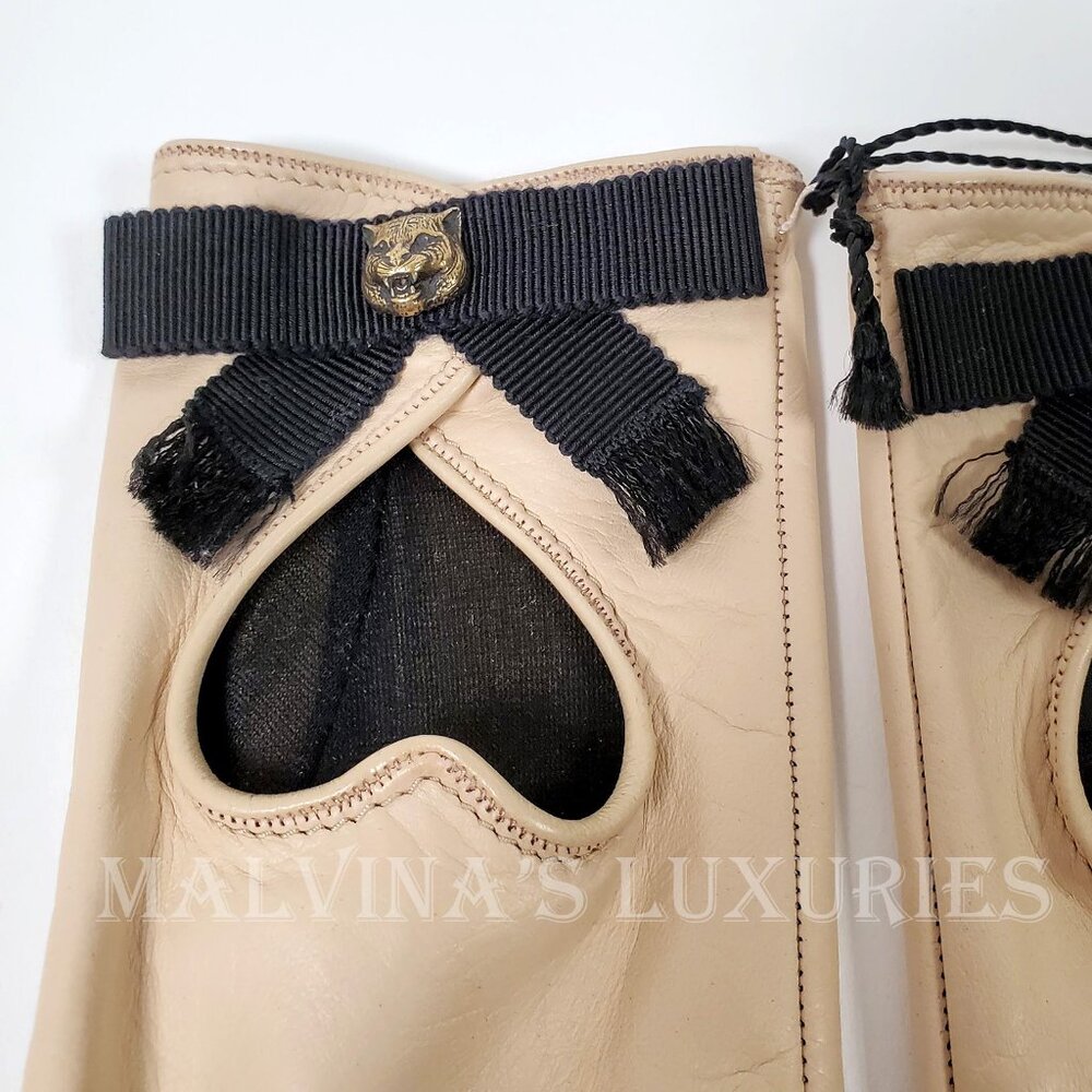 GUCCI GLOVES 477970 BEIGE LEATHER HEART CUT-OUT CAT FELINE HEAD - Picture 3 of 12